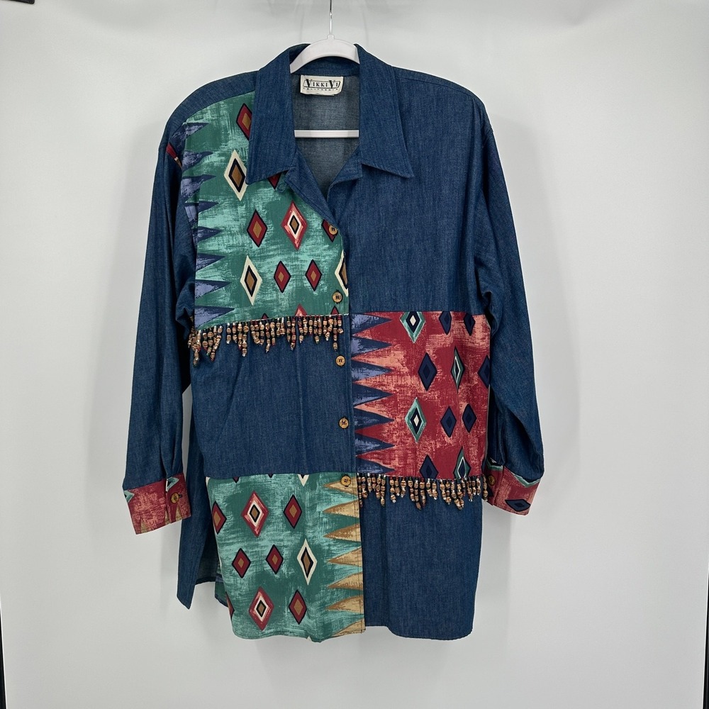 Womens Vintage Southwestern Boho Denim Top Size 12W Patchwork Tunic Western